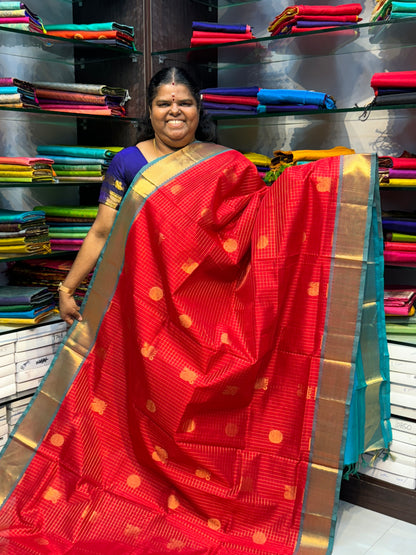 Pure Silk Cotton Saree - Mayil & Chakkaram Design - Red with Teal Blue Combo - VVMC002