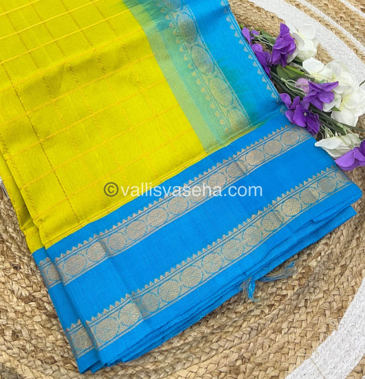 Pure Korvai Silk Cotton With Retta Petta Border - Checks pattern -  Yellow & Blue- VVKSC013