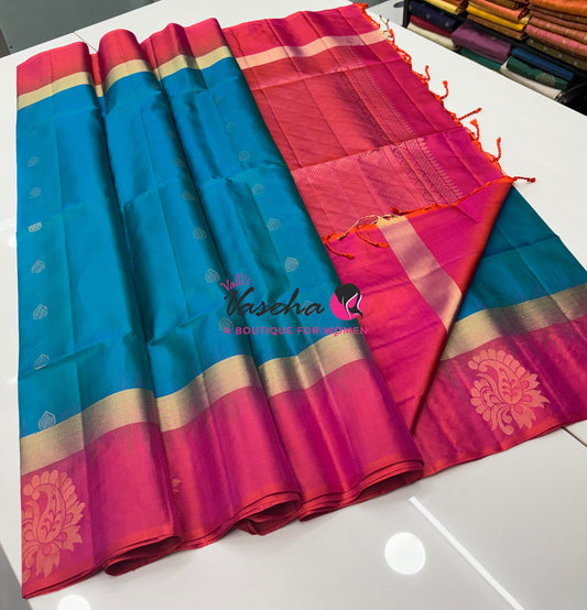 Pure Soft Silk Saree - Blue & Peachish Pink - VVPSS121