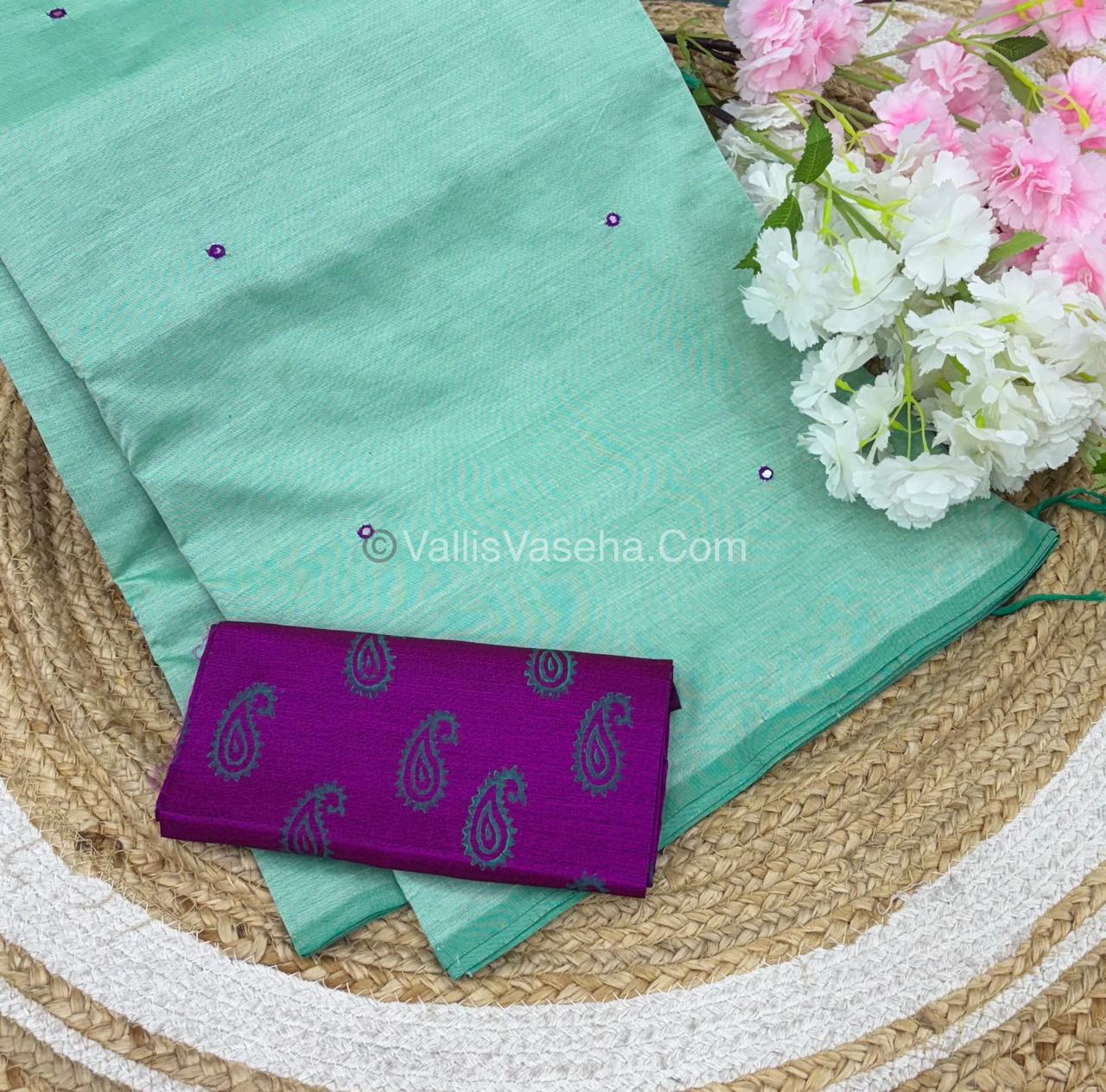 Poly Silk Mixed Cotton - Mirror Work Embroidery - Green with Pink - VVPCM001