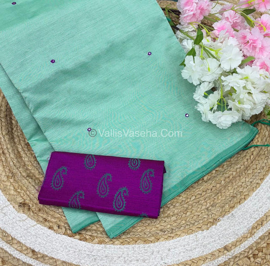 Poly Silk Mixed Cotton - Mirror Work Embroidery - Green with Pink - VVPCM001