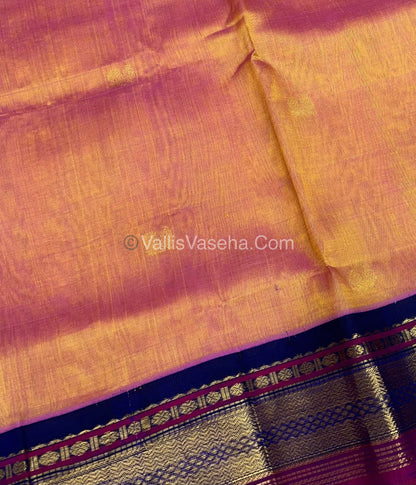 Pure Korvai Silk Cotton Saree - Peachish Gold with Blue - VVKSC004