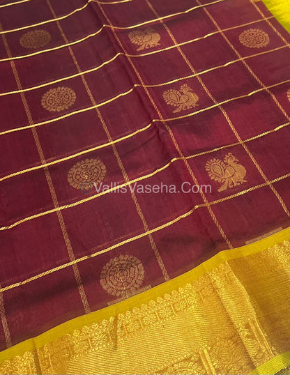 Pure Silk Cotton Saree - Mayil & Chakkaram Design - Maroon With Lemon Yellow Shade - VVMC001