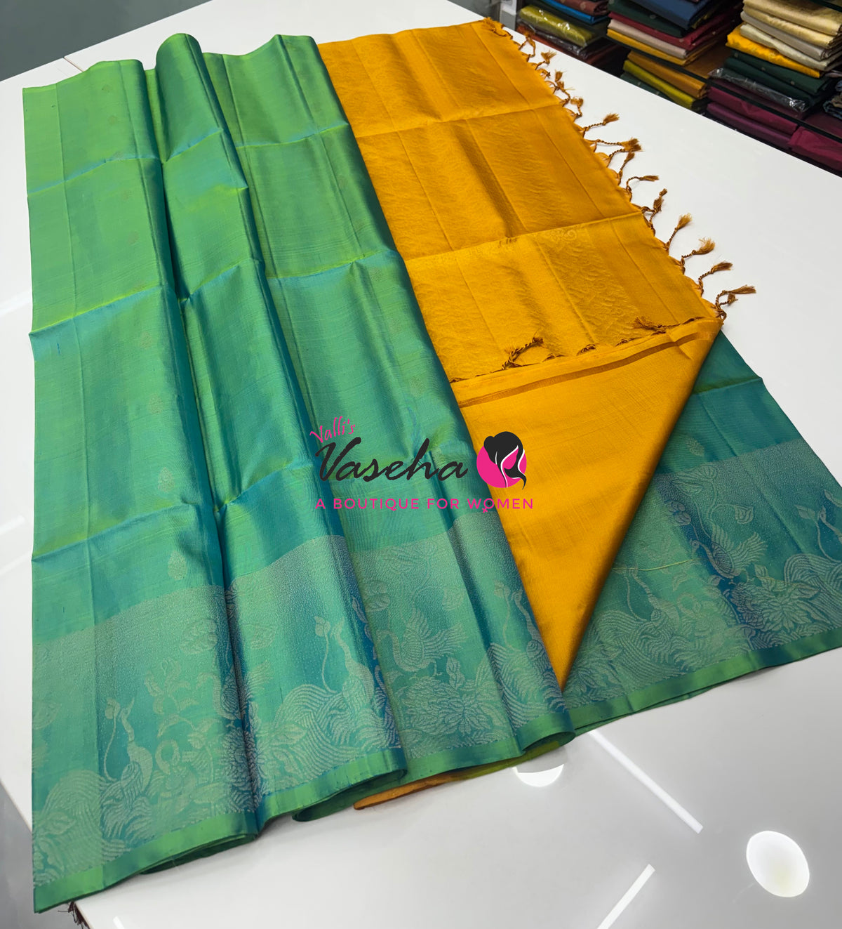 Pure Soft Silk Saree  - Dual Tone Green With Yellow - VVPSS094