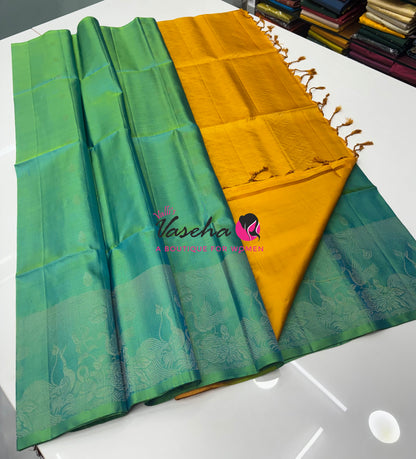 Pure Soft Silk Saree  - Dual Tone Green With Yellow - VVPSS094