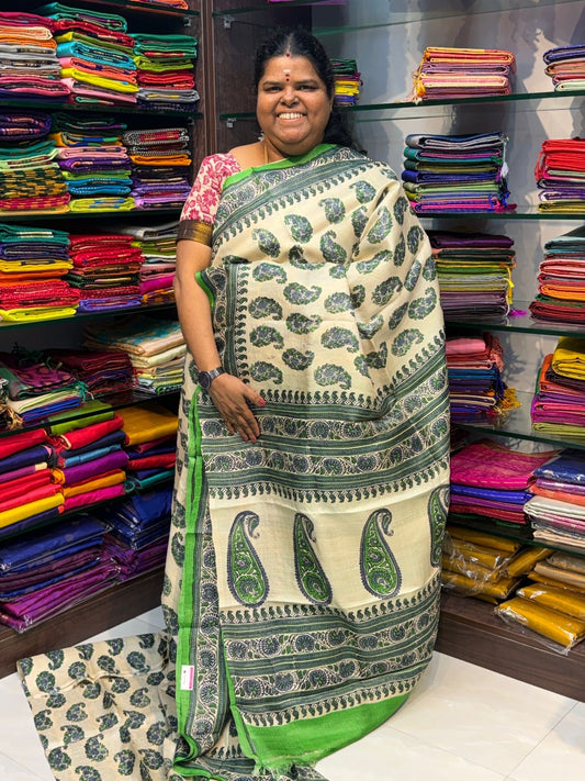 Pure Tussar Silk  - Cream With Green Shade -  VVPTS001