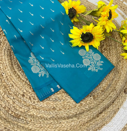 Semi Soft Silk - Flower  Butta Border - Turquoise Blue Shade -VVSSS016
