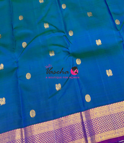 Pure Kanchipuram Silk Saree - Peacock Blue & Purple Combo - VVPS025