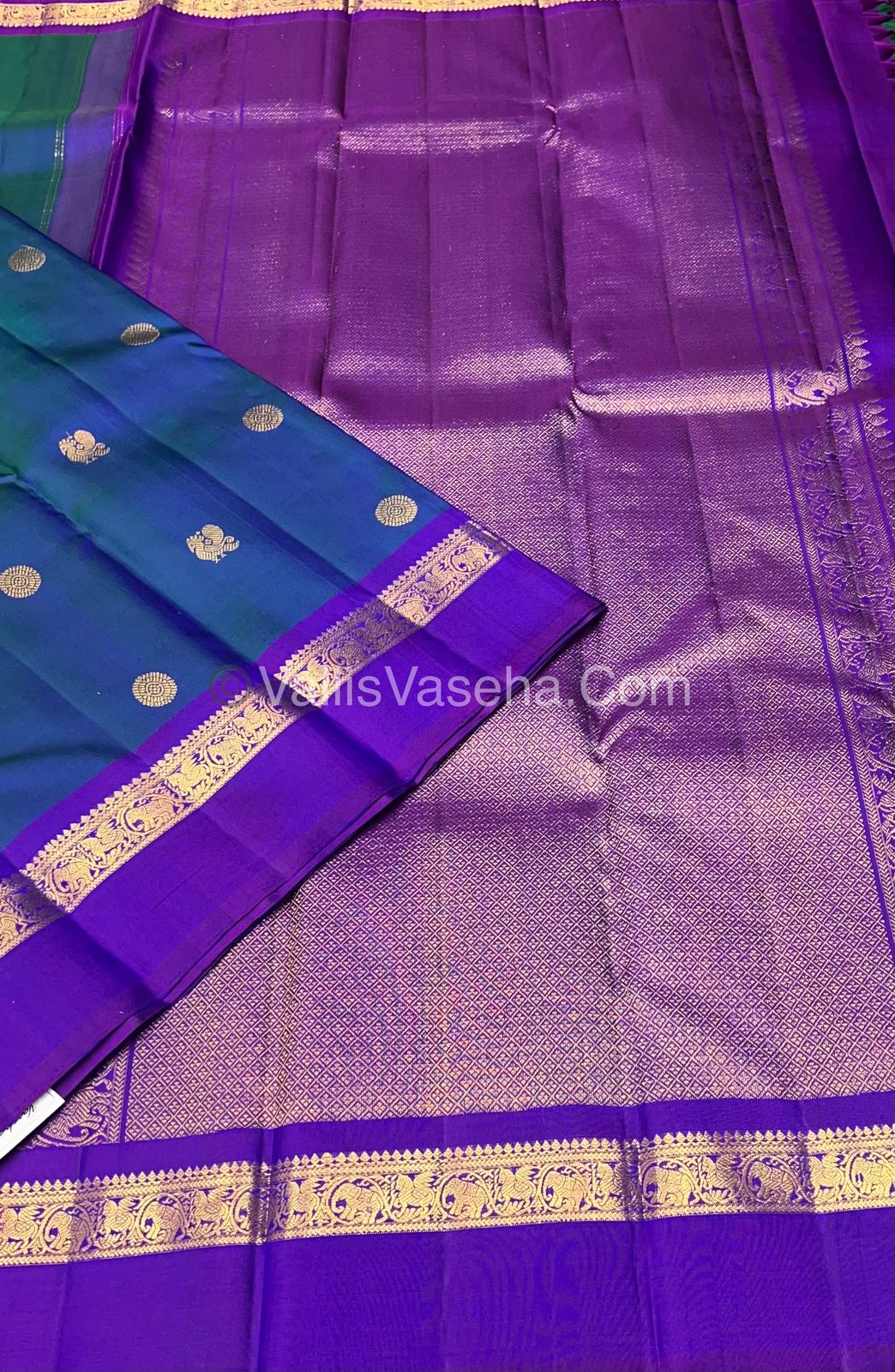 Pure Kanchipuram Silk Saree - Peacock Blue with Purple Combo - VVPS021
