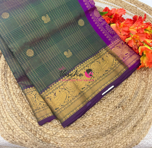 Pure Silk Cotton Saree - Vairavoosi checks - Mayil & Chakkaram - Green With Purple - VVMCV001