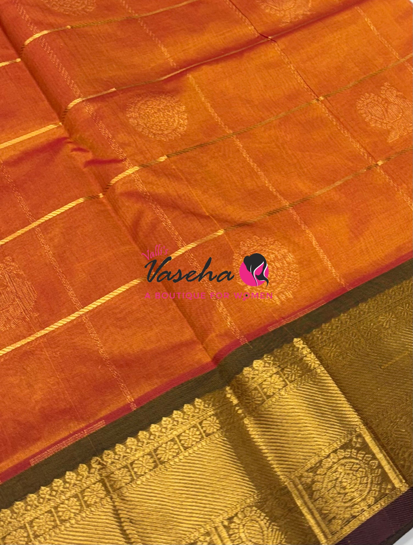 Pure Silk Cotton Saree - Mayil & Chakkaram Design - Orange With Brown  Shade - VVMC001