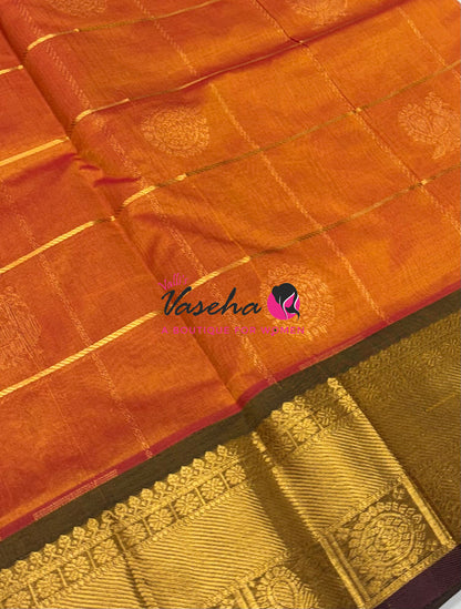 Pure Silk Cotton Saree - Mayil & Chakkaram Design - Orange With Brown  Shade - VVMC001