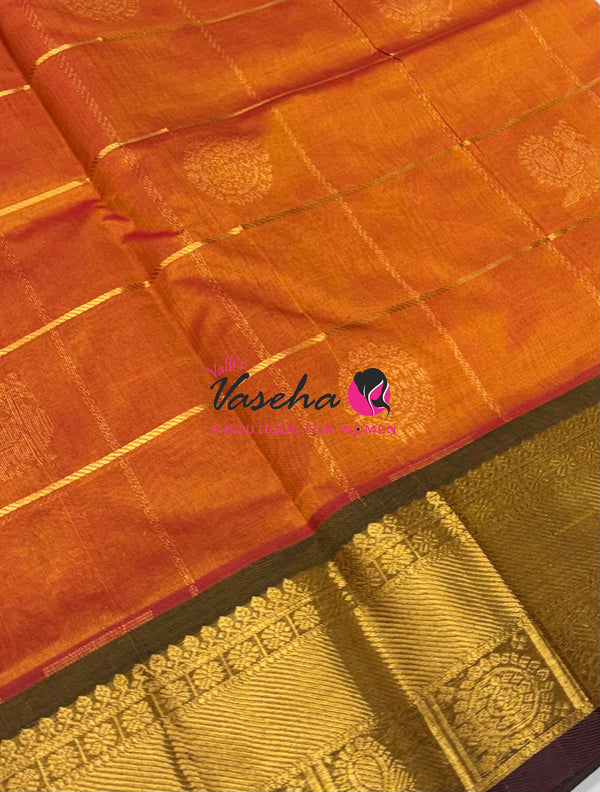 Pure Silk Cotton Saree - Mayil & Chakkaram Design - Orange With Brown  Shade - VVMC001