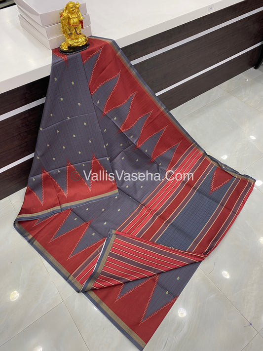 Semi Chanderi Saree - Grey & Red Combo - VVSCS003
