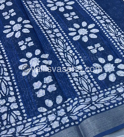 Linen Mixed Cotton Saree - Indigo Blue - Printed - VVLMP001
