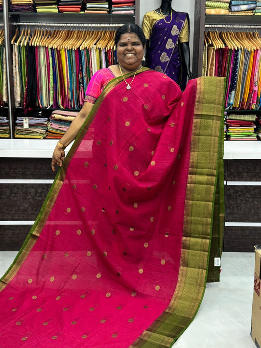 Pre Booking [5 to 7 weeks time] Bamboo Silk Saree  - Pink with Green Shade - VVBSS001