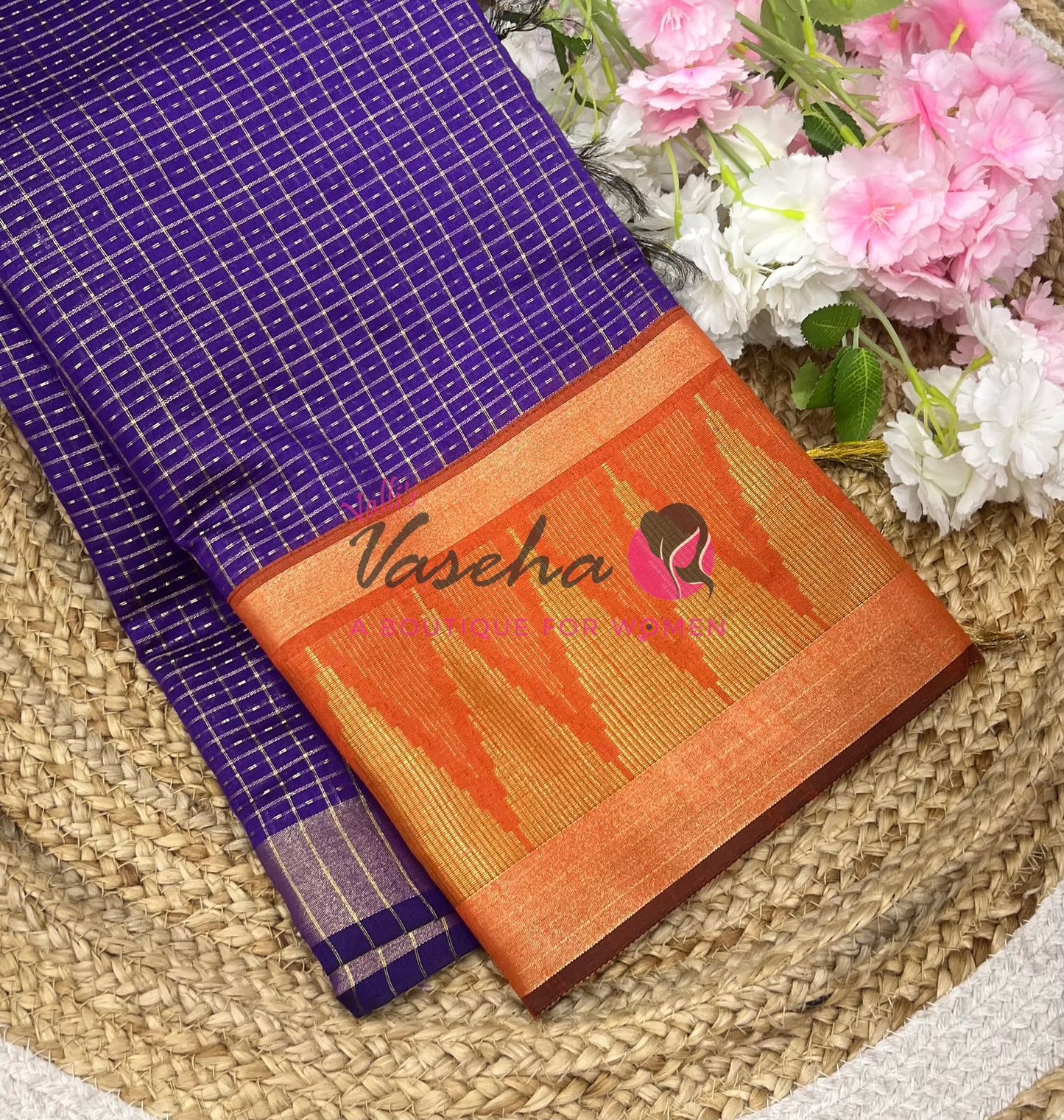 Semi Raw Silk - Lakshadeepam Design - Purple With Rust Orange Shade - VVRS008