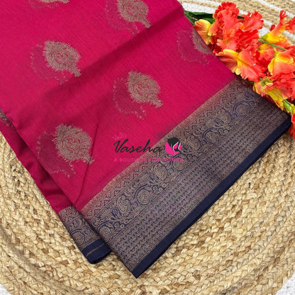 Bamboo Silk Saree - Pink With Blue  - VVBSS019