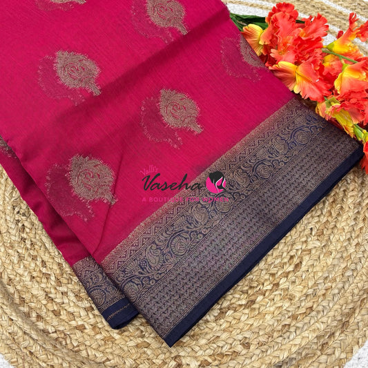 Bamboo Silk Saree - Pink With Blue  - VVBSS019