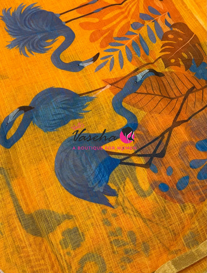 Linen Mixed Cotton Saree -Printed - Yellow Shade - VVLMP002