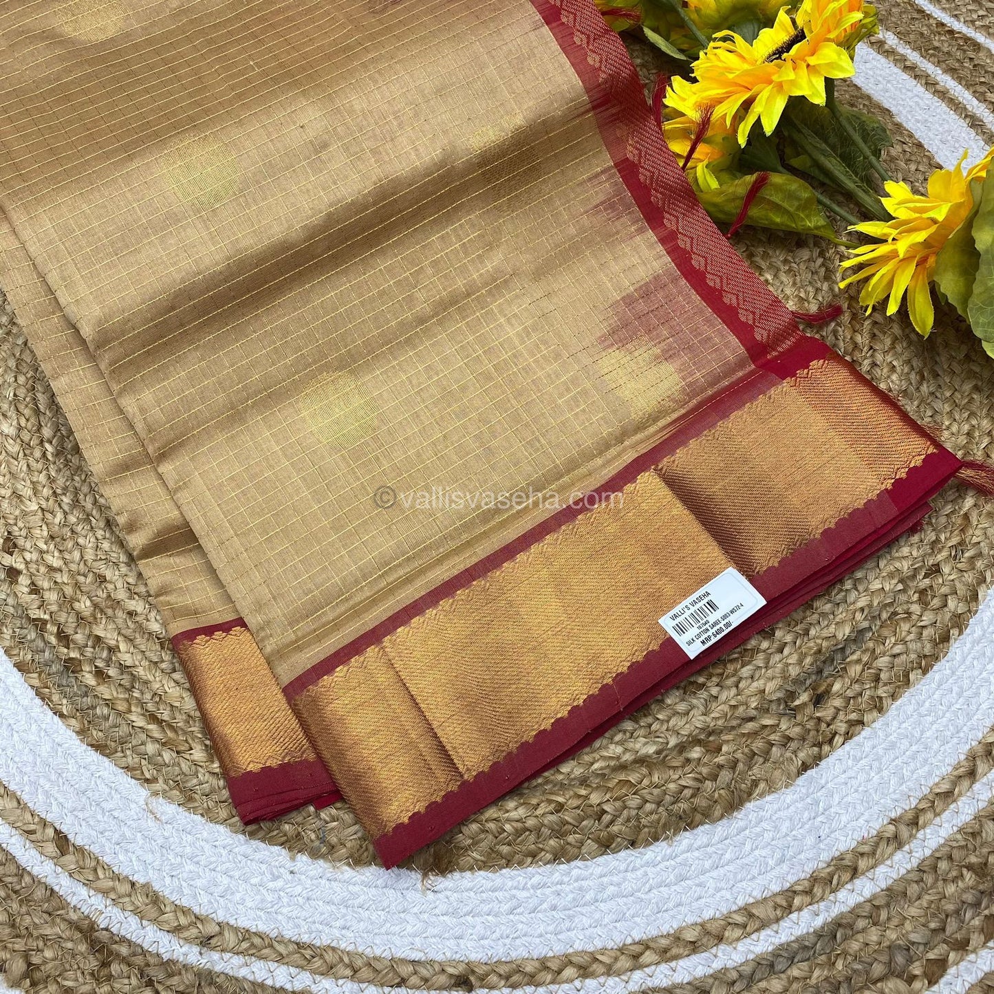 Pure Silk Cotton Saree - Mayil & Chakkaram Design - Chiku with Maroonish Red Combo - VVMC002