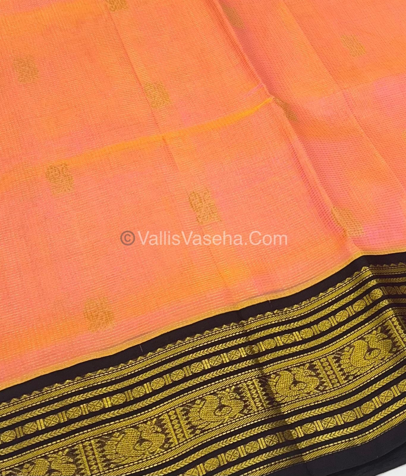 Pure Korvai Silk Cotton - Peach with Wine - Vairavoosi Pattern - VVKSC023