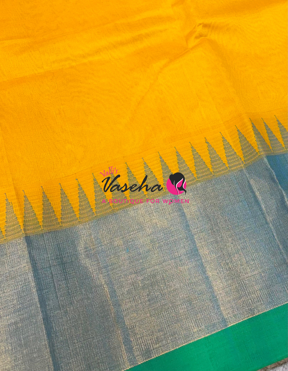 Pure Korvai Silk Cotton Saree - Yellow With Blue Shade Temple border - VVKSC001