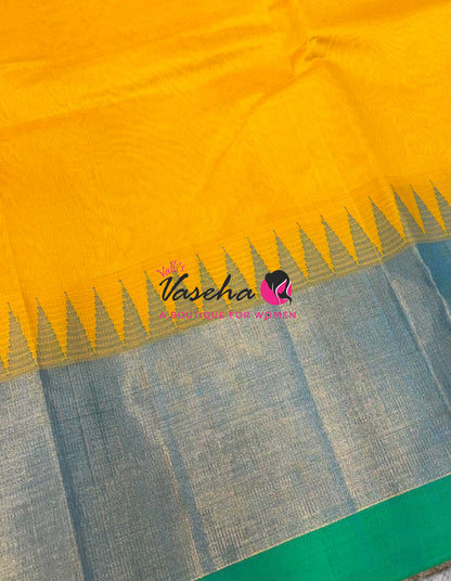 Pure Korvai Silk Cotton Saree - Yellow With Blue Shade Temple border - VVKSC001