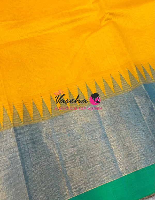 Pure Korvai Silk Cotton Saree - Yellow With Blue Shade Temple border - VVKSC001