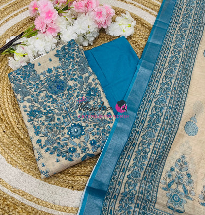 Unstitched Linen Material | Cream With Blue | VVUSM054