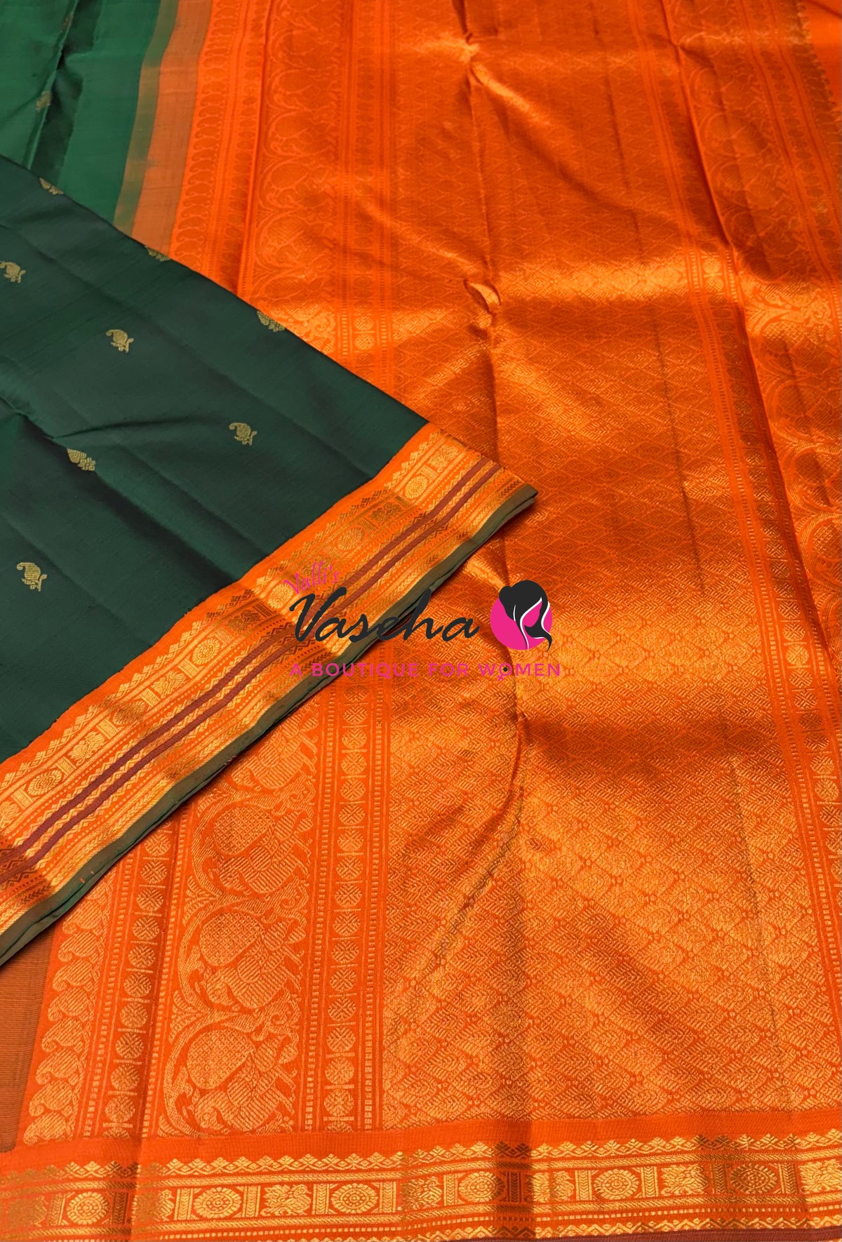 Pure Vintage Korvai Kanchipuram Silk Saree - Green & Orange Combo - VVPS034