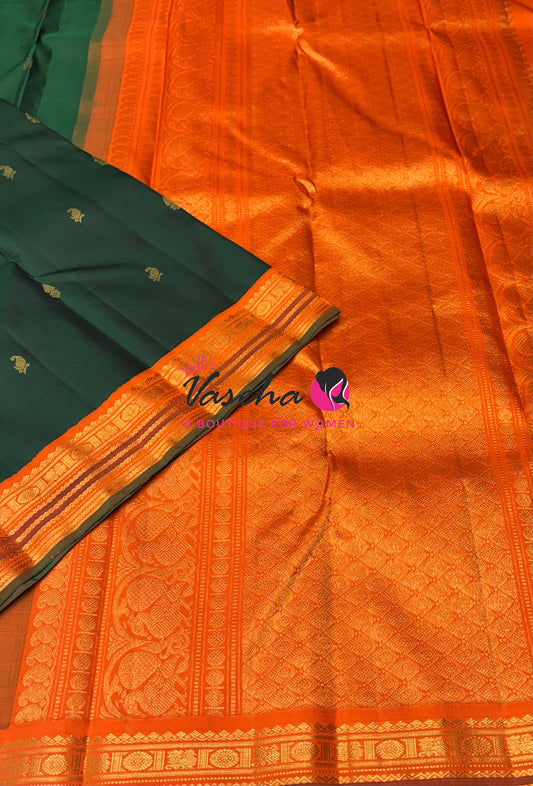 Pure Vintage Korvai Kanchipuram Silk Saree - Green & Orange Combo - VVPS034
