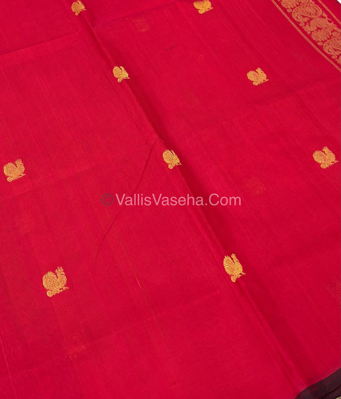 Pure Silk Cotton Saree - Red  With Brown Shade - VVPSC002