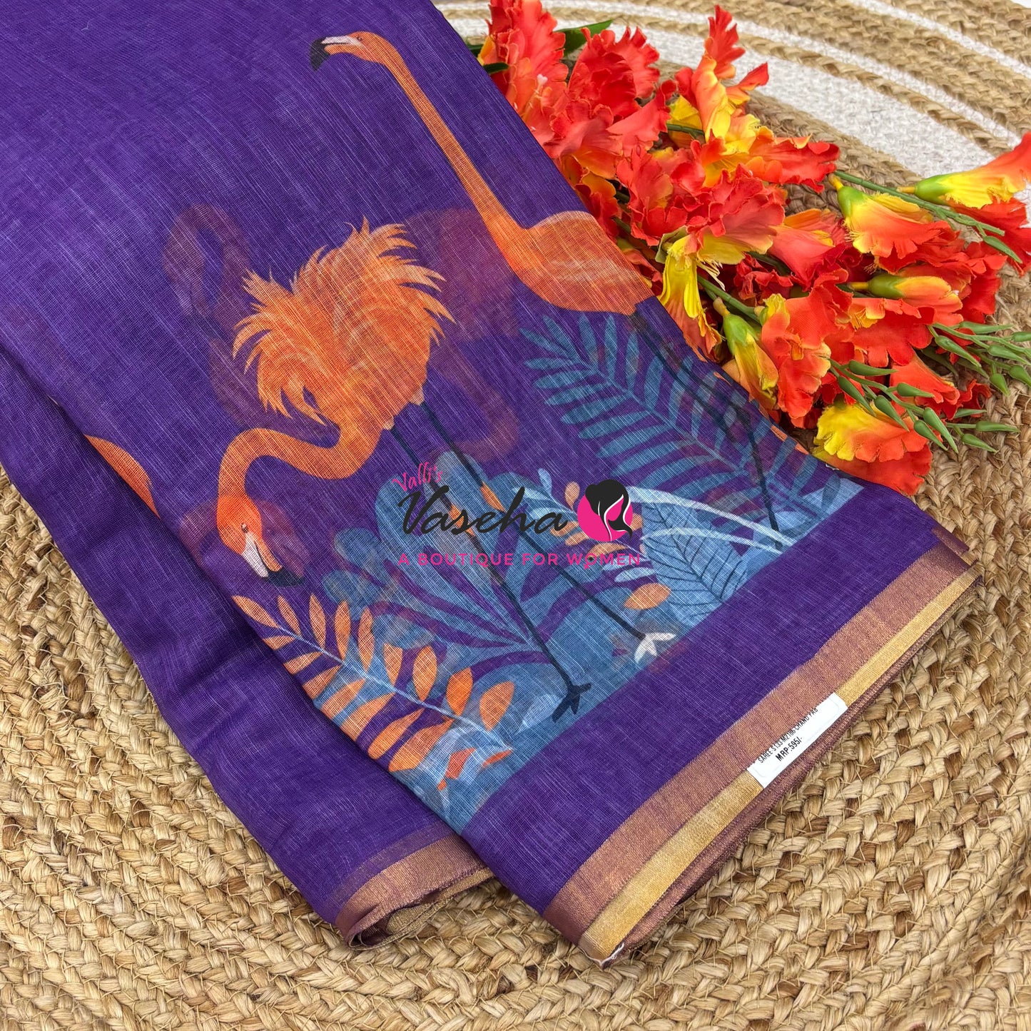Linen Mixed Cotton Saree - Printed - Purple With Orange Shade - VVLMP002