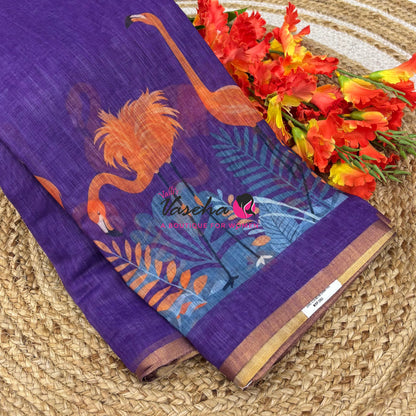 Linen Mixed Cotton Saree - Printed - Purple With Orange Shade - VVLMP002