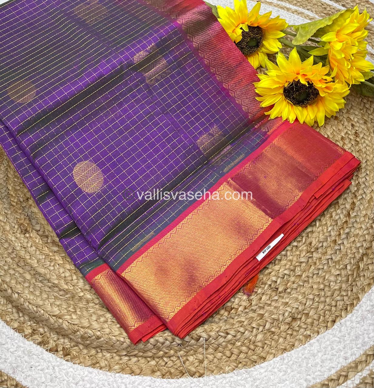 Pure Silk Cotton Saree - Mayil & Chakkaram Design - Purplish Blue with Peachish Pink Combo - VVMC002