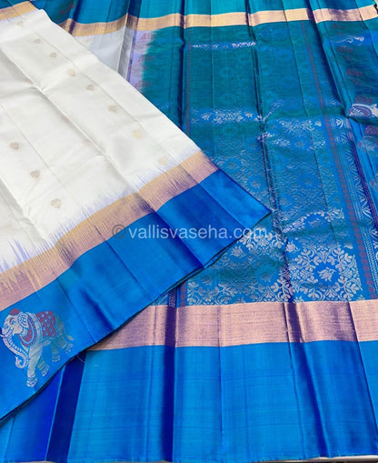 Pure Soft Silk Saree - White with Peacock Blue  - VVPSS028