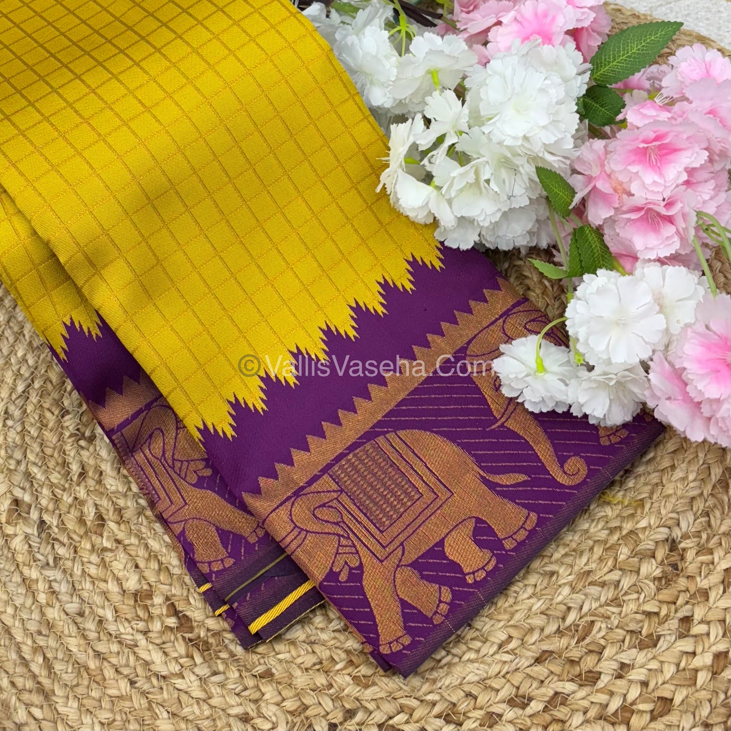 Semi Silk Saree - Kanchi Silk Style - Elephant Border - Yellow with Purple - VVSSS005