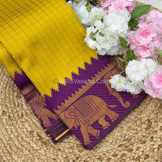 Semi Silk Saree - Kanchi Silk Style - Elephant Border - Yellow with Purple - VVSSS005