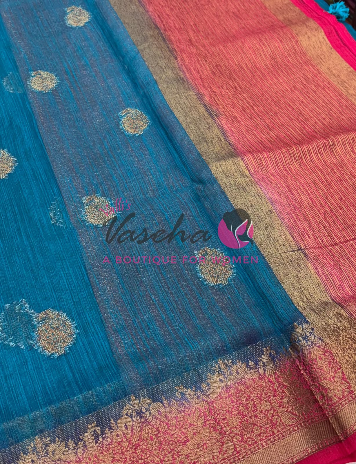 Bamboo Silk Saree- Blue with Pink Shade - VVBSS014
