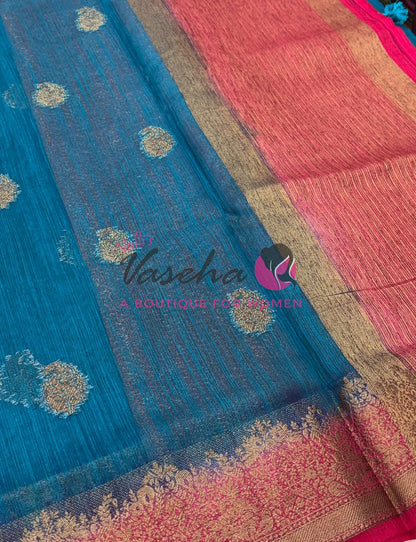 Bamboo Silk Saree- Blue with Pink Shade - VVBSS014