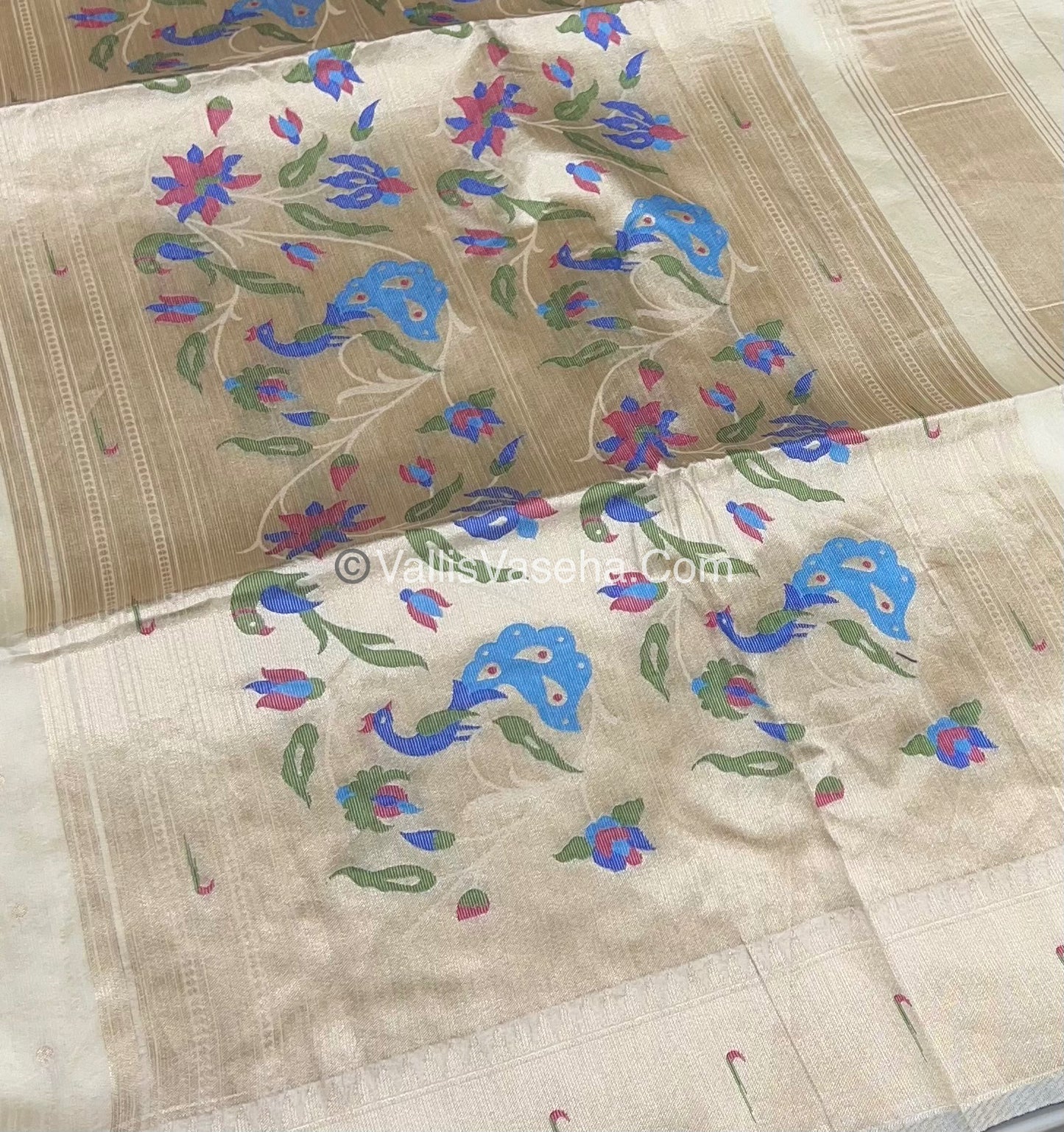 Semi Raw Silk - Paithani Design Weaving - Cream Shade - VVRS005