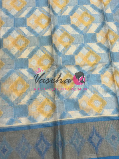 Banarasi Pochampally Weaving Semi Soft Cotton Saree - White with Blue  - VVBPS001