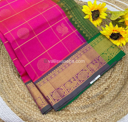 Pure Silk Cotton Saree - Mayil & Chakkaram Design - Pink with Green - VVMC001