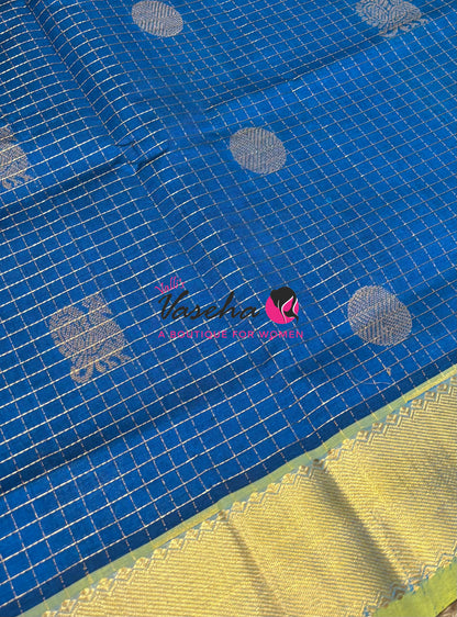 Pure Silk Cotton Saree - Mayil & Chakkaram Design - Ramar Blue With Yellow Shade  -VVMC002