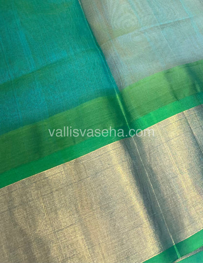 Pure Korvai Silk Cotton Saree - Peach With Turquoise Blue Shade Temple border - VVKSC001