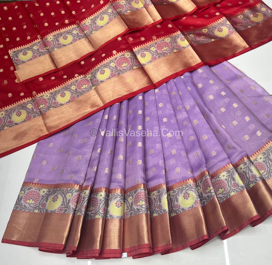 Unstitched - Lehenga Material - Zari Kota Tissue - Lavender & Red - VVULM001
