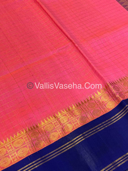 Pure Korvai Silk Cotton - Retta Petta Border - Pink with Blue Combo - VVKSC010