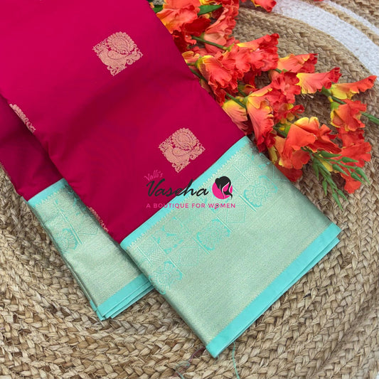 Semi Kanchi Silk  - Pink & Pista Green - VVSKS007