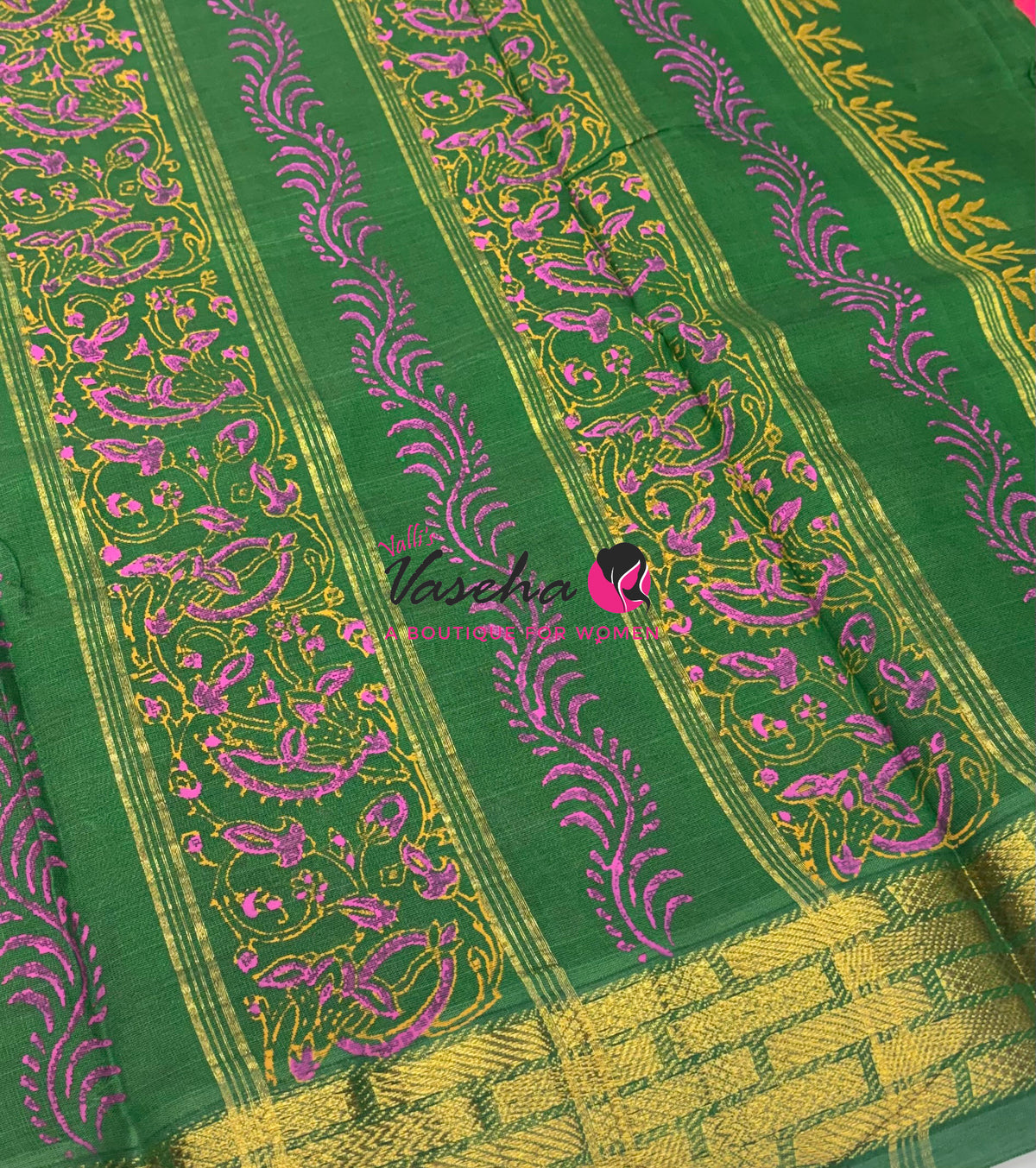 Pure Printed Silk Cotton Sarees - Peachish Pink with Green   - VVPSC004